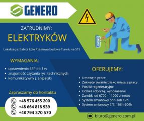 Zatrudnimy ELEKTRYKÓW przy budowie tunelu w Babica k. Rzeszowa. Zatrudnimy ELEKTRYKÓW przy budowie tunelu w Babica k. Rzeszowa.